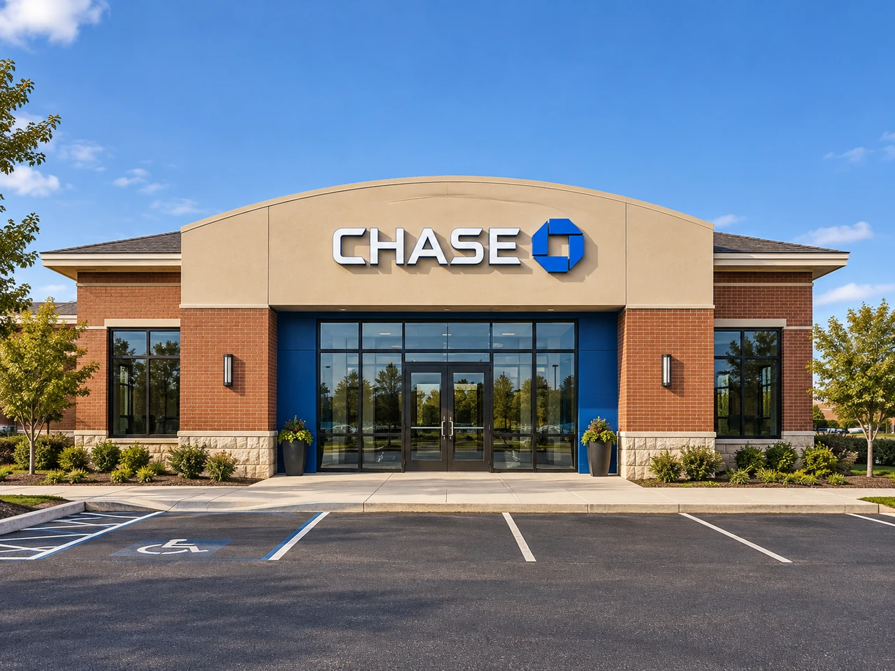 AI-created exterior of a Chase-style bank branch with visible Chase name and logo