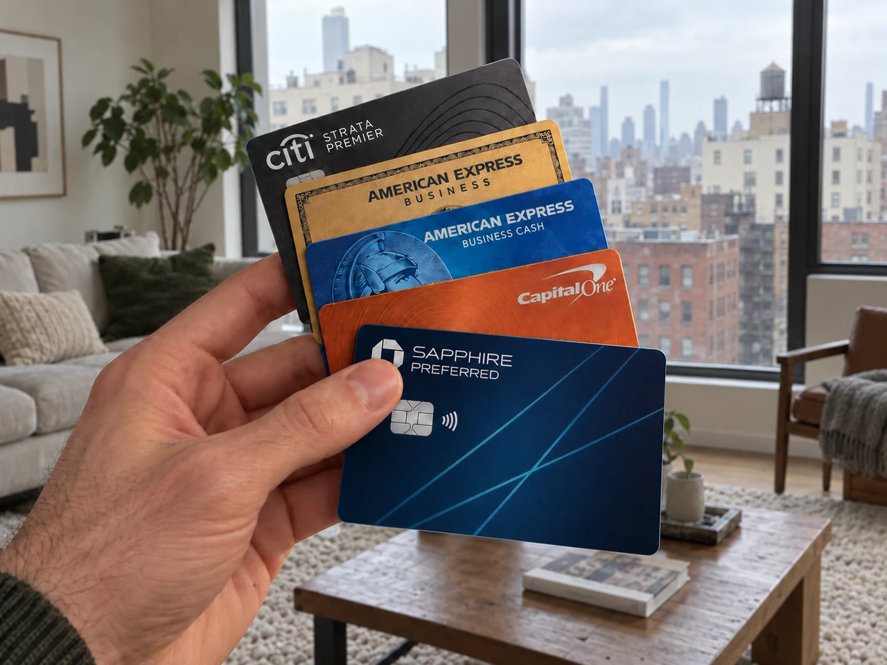 A hand holding five American credit cards in a New York apartment, with the Chase Sapphire Preferred card matched to the supplied reference