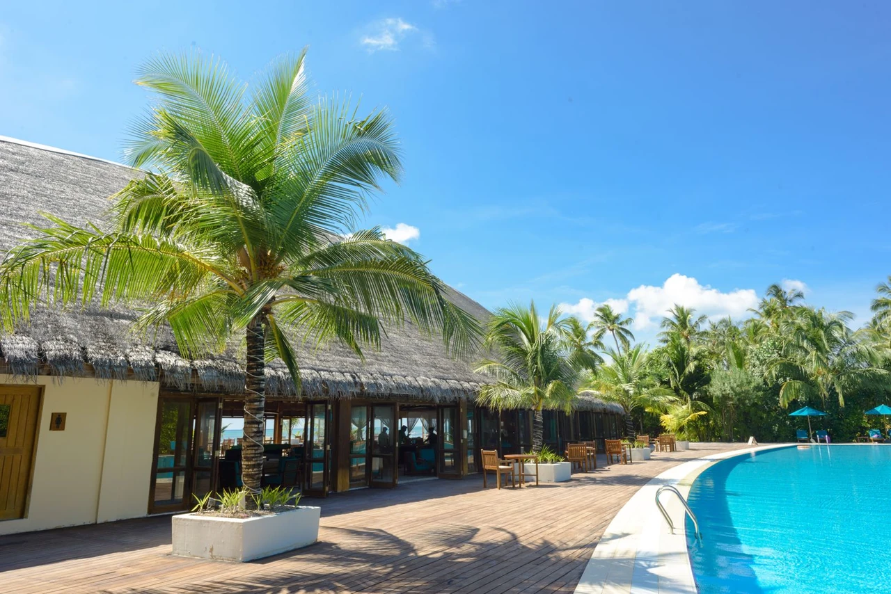 Sunny Maldives resort with bright blue skies, palm trees and a turquoise pool